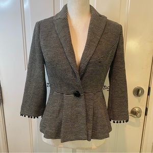 Tabitha -Blazer Jacket, Crop Waist,  Black White Stripe, Pleated Bottom, Size S